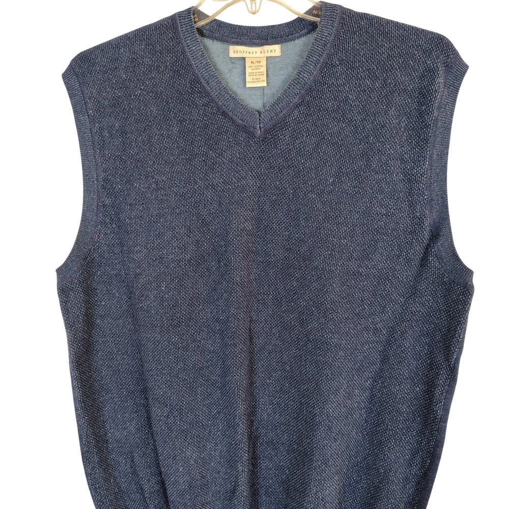 Geoffrey Beene Mens XL V-Neck Sweater Vest Oil Blue Textured Cotton Pullover NEW